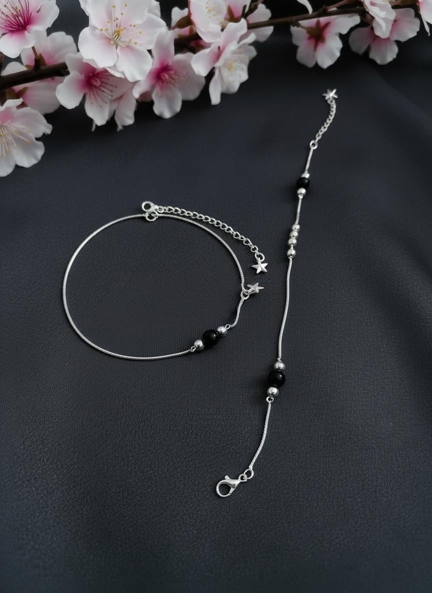 Minimal Silver & Black Bead Anklet | Handmade Adjustable Anklet | Everyday Elegant Jewelry
