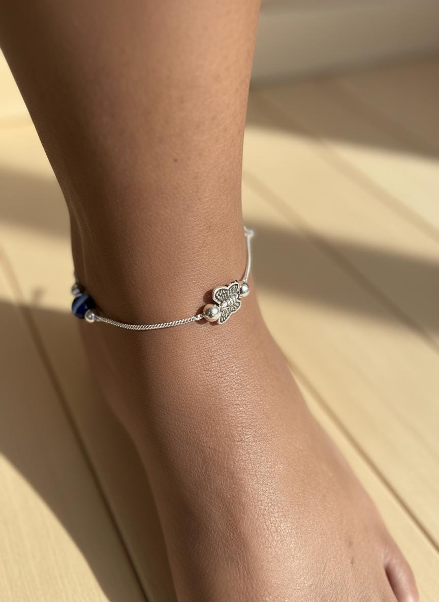 Handmade Evil Eye Butterfly Anklet | Silver Charm Ankle Bracelet