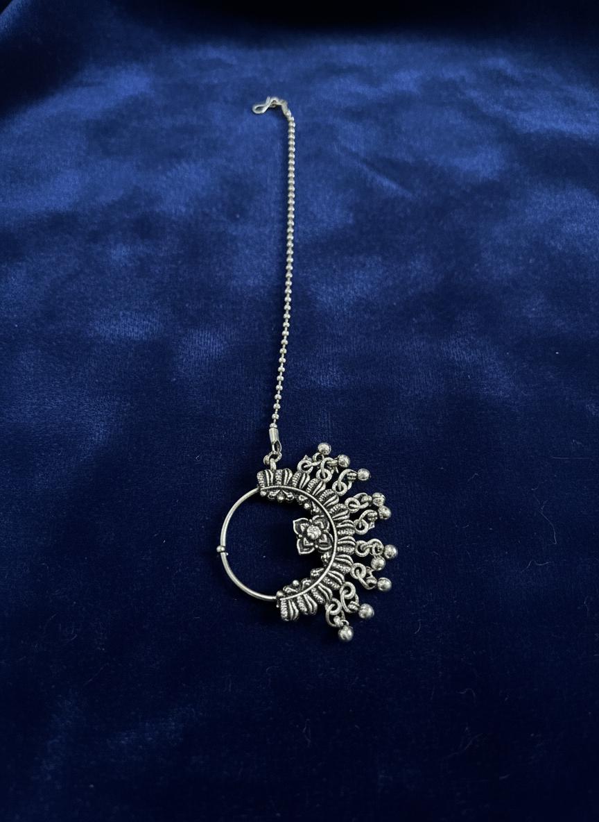 Oxidized Silver Spring Nath with Chain | Non-Pierced Nose Ring | Maharashtrian Nath | Traditional Indian Jewelry