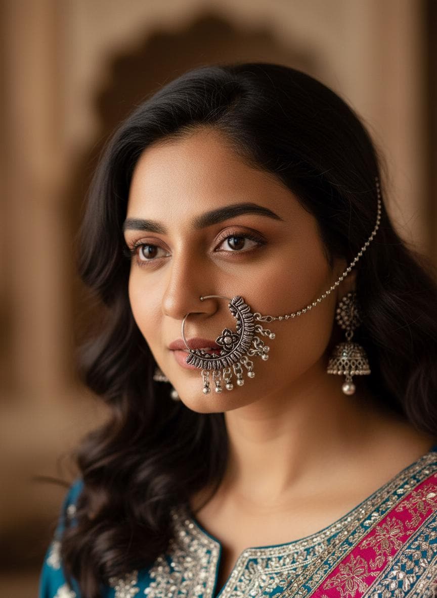 Oxidized Silver Spring Nath with Chain | Non-Pierced Nose Ring | Maharashtrian Nath | Traditional Indian Jewelry