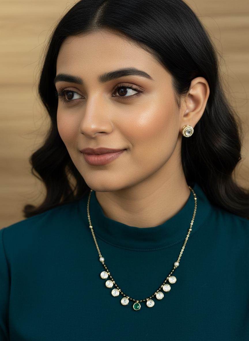 Gold CZ Necklace Set | Minimal Black Beads, Mangalsutra Style