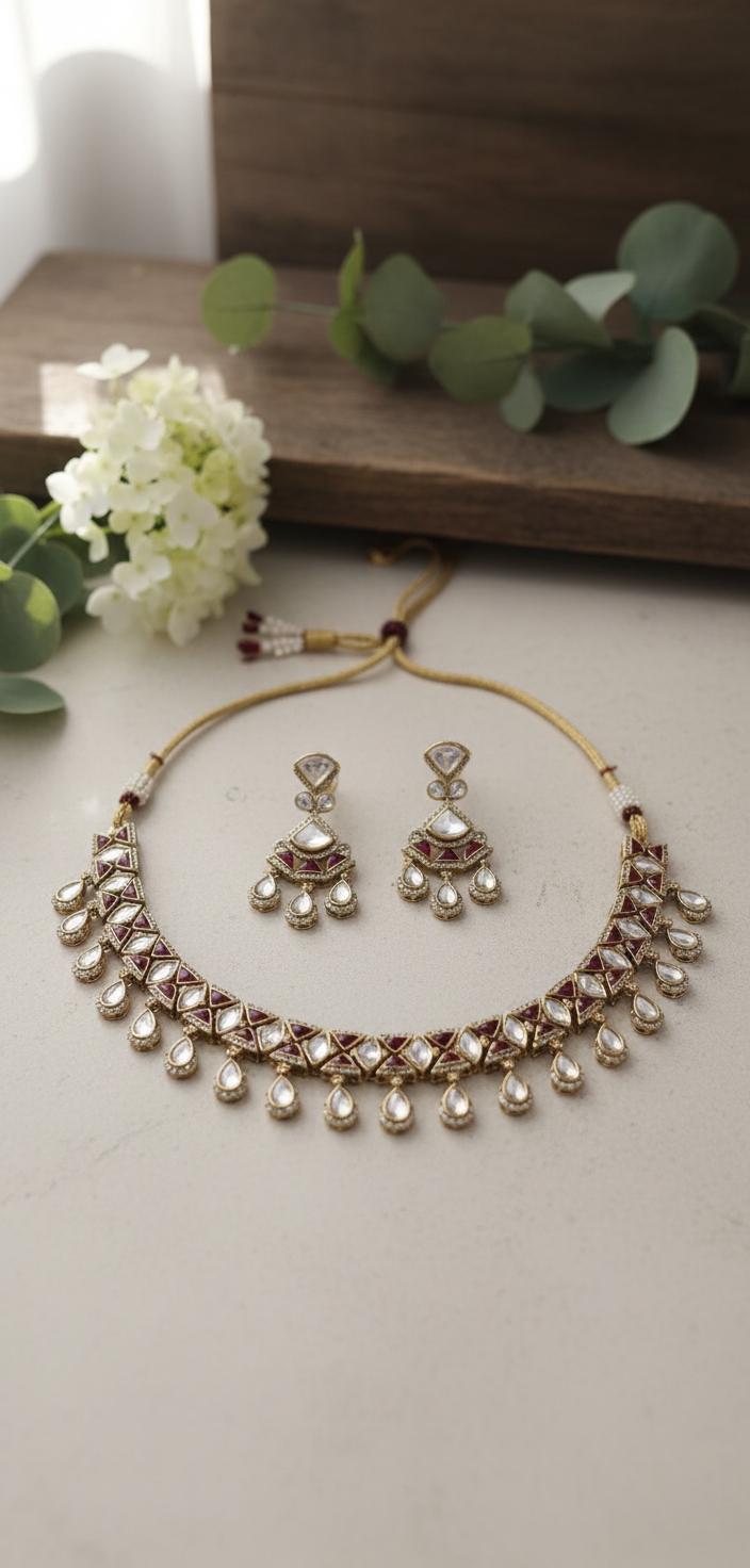 Kundan Polki Choker Necklace Set | Gold Finish Indian Bridal Jewelry| Wine Red Navy Blue and Green