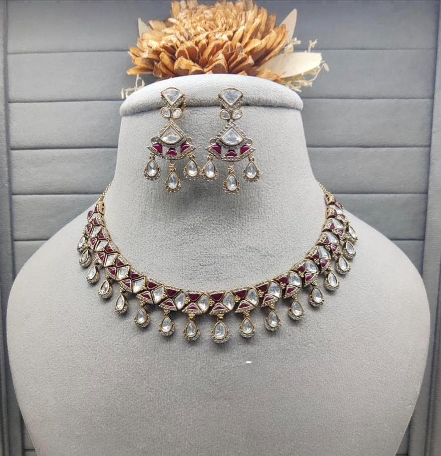 Kundan Polki Choker Necklace Set | Gold Finish Indian Bridal Jewelry| Wine Red Navy Blue and Green