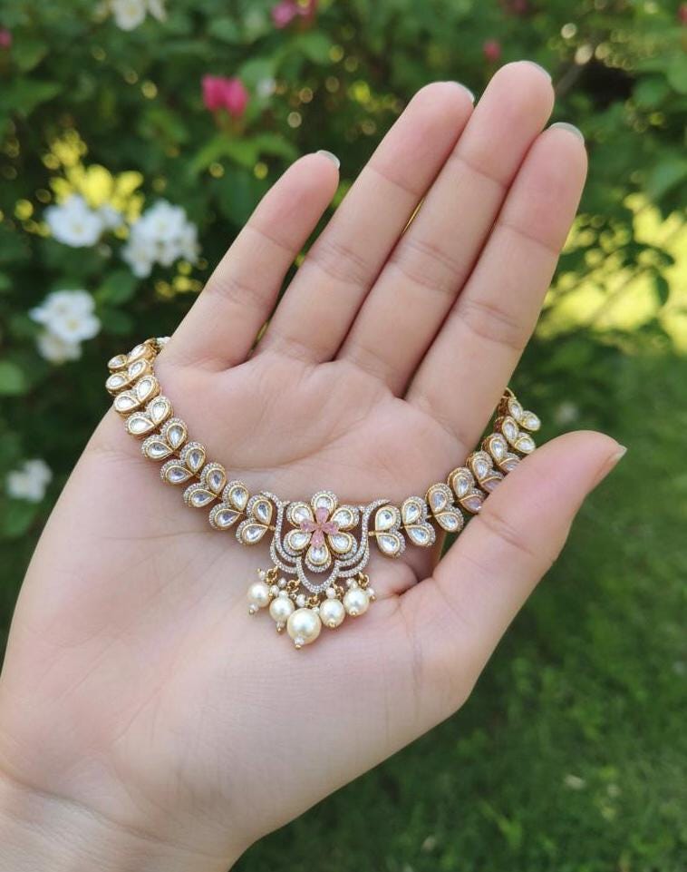 Pink Kundan Necklace Set | Floral Indian Bridal Jewelry