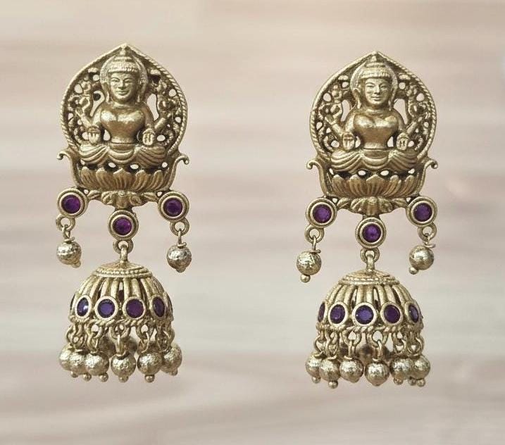Lakshmi Temple Necklace Set | Antique Gold Jhumka Earrings, South Indian Bridal Jewelry