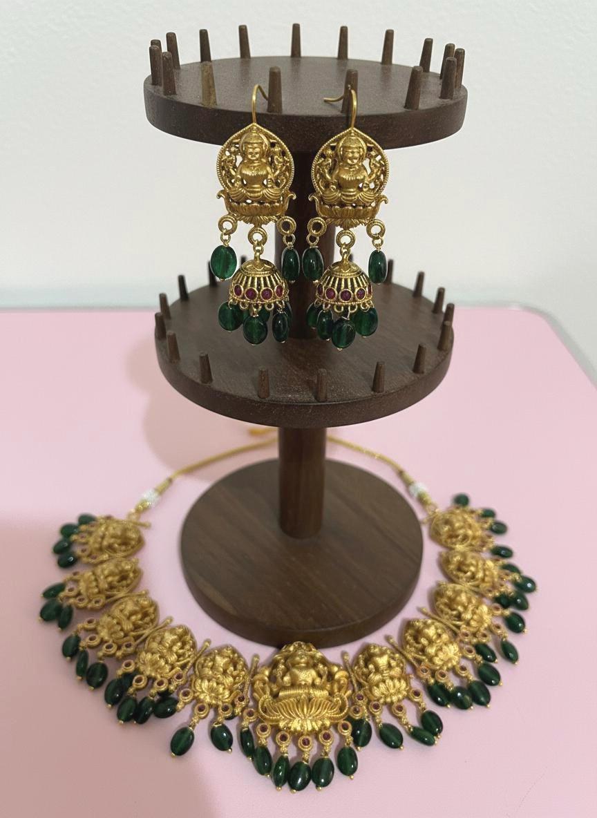 Lakshmi Temple Necklace Set | Antique Gold Jhumka Earrings, South Indian Bridal Jewelry
