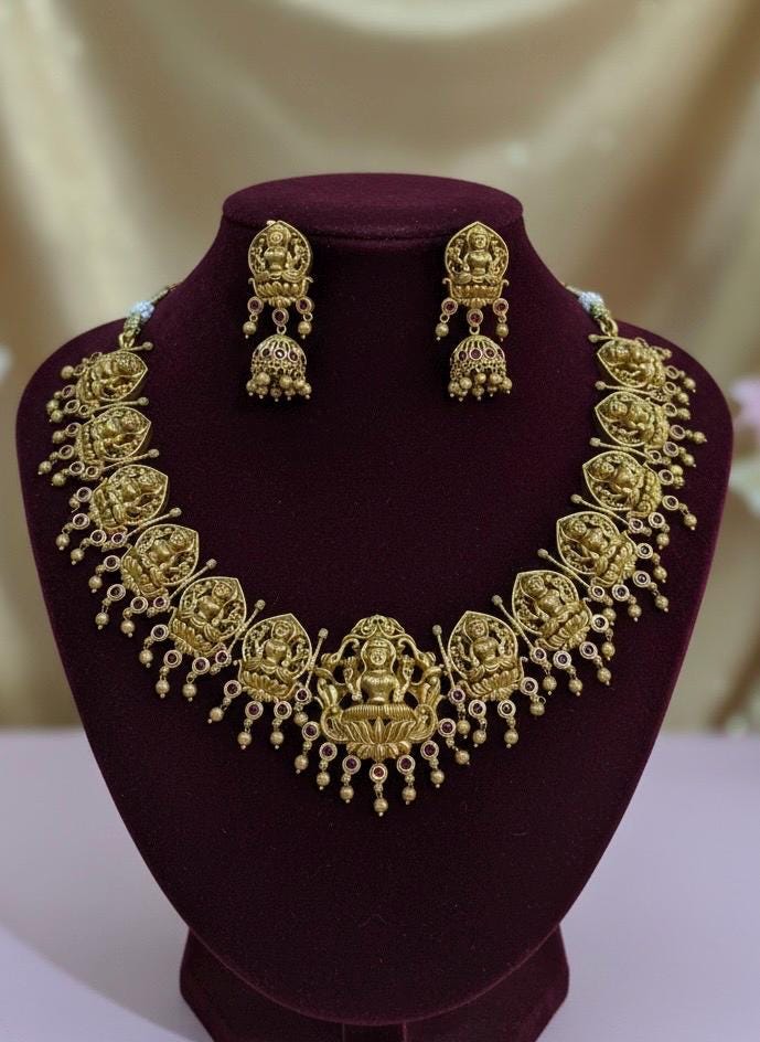 Lakshmi Temple Necklace Set | Antique Gold Jhumka Earrings, South Indian Bridal Jewelry