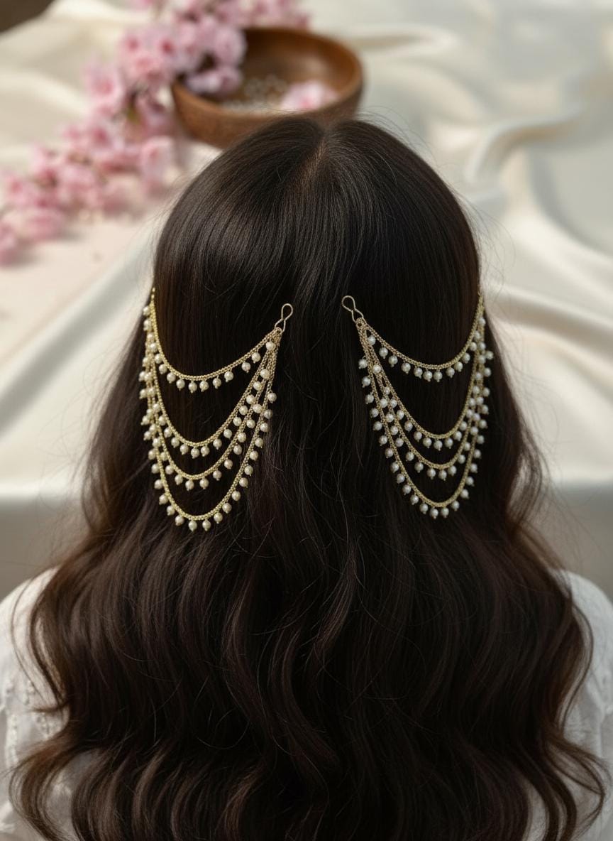 Pearl Bridal Hair Chains | Gold Indian Wedding Ear Jewelry