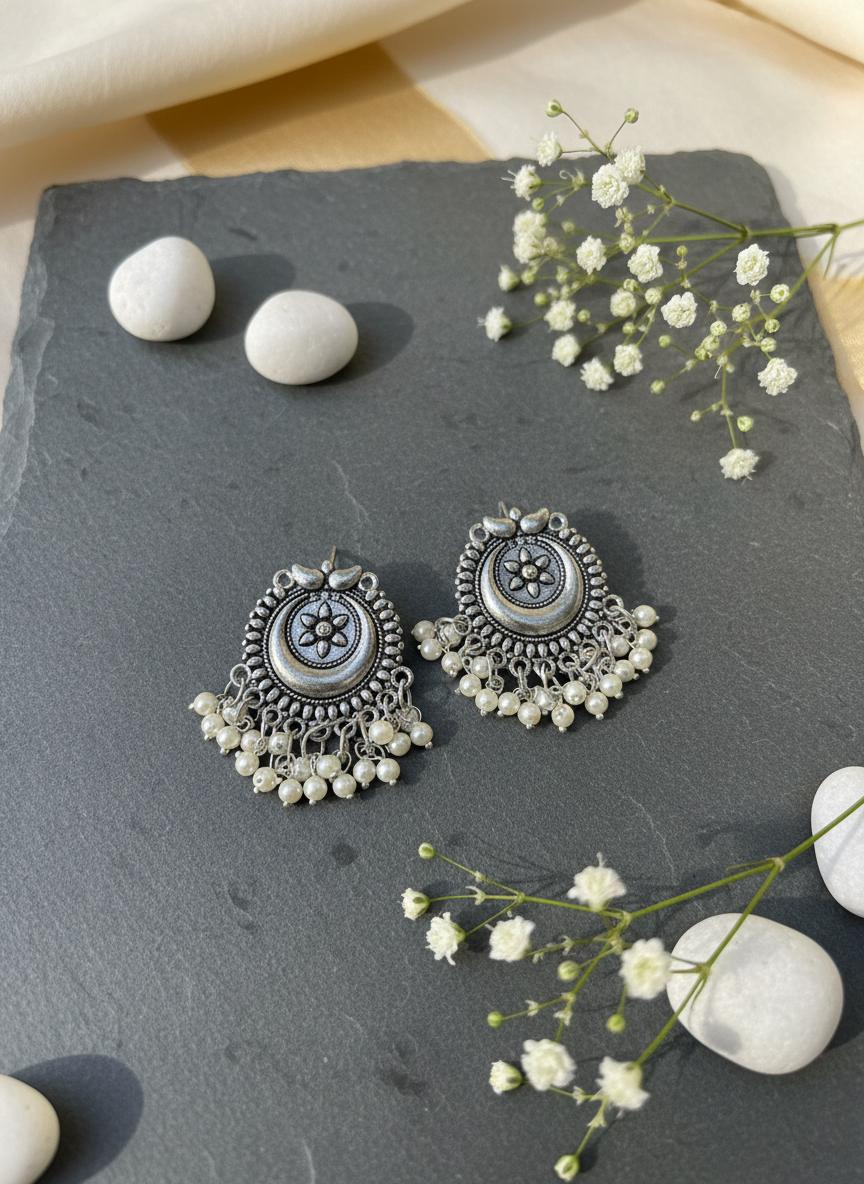 Oxidized Silver Jhumka Earrings | Vintage Indian Pearl Danglers