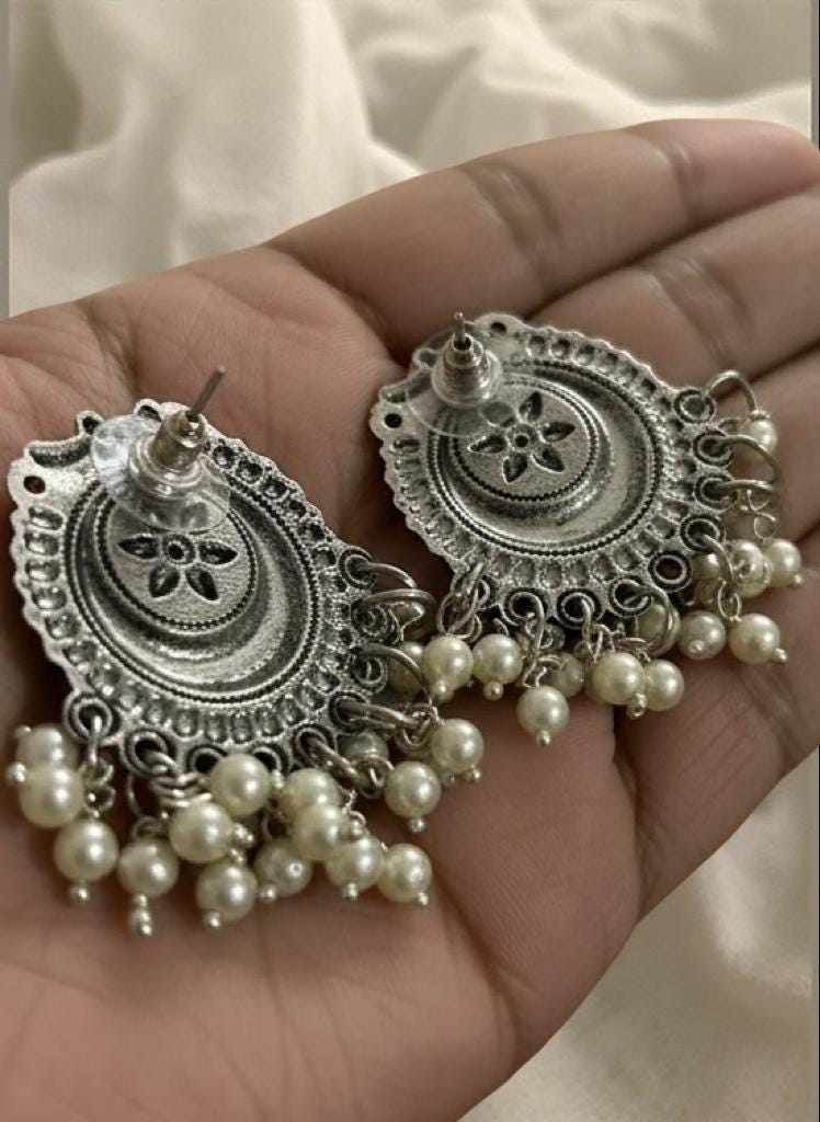 Oxidized Silver Jhumka Earrings | Vintage Indian Pearl Danglers