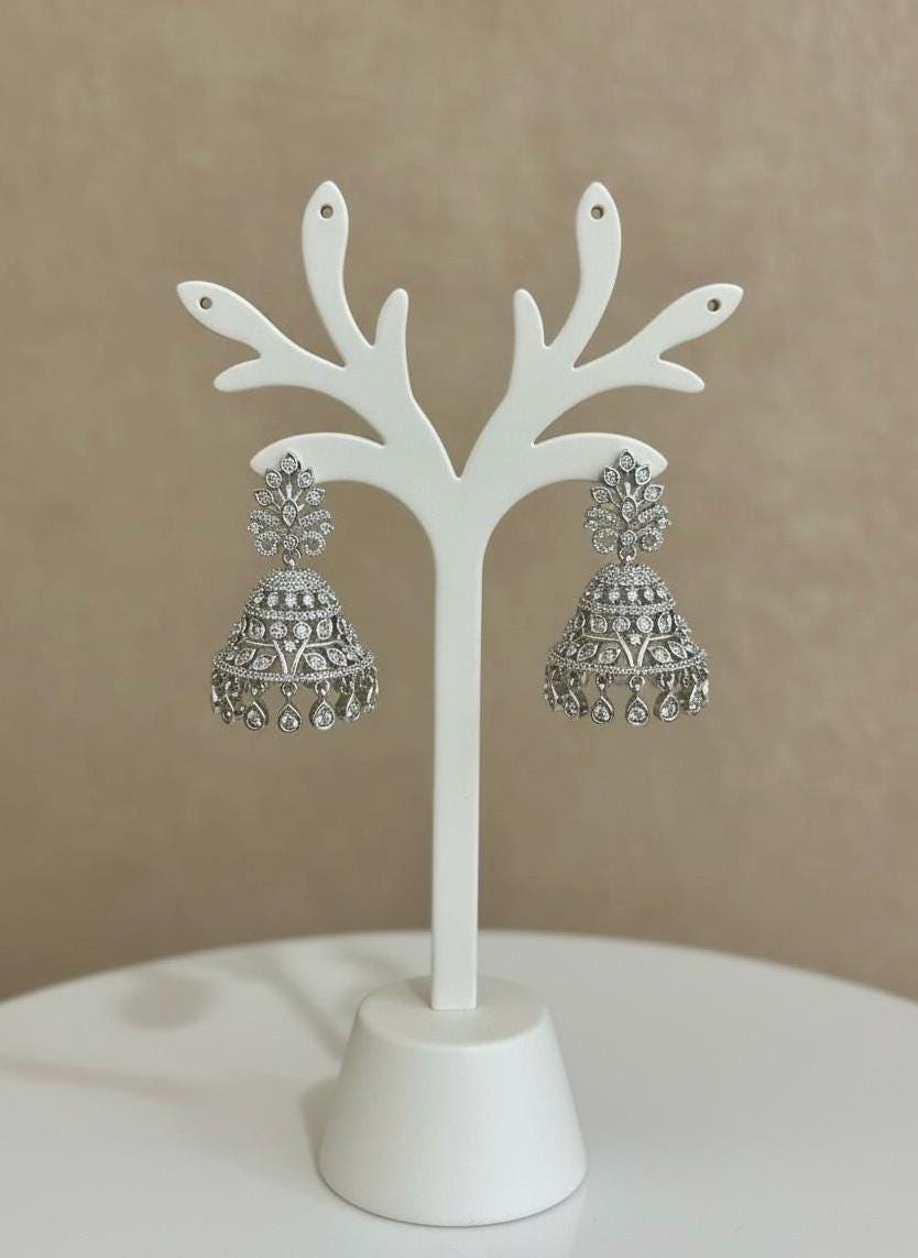 Silver Jhumka Earrings | Indian Jhumkas | Floral Stud Dome Earrings | Festive Jewelry