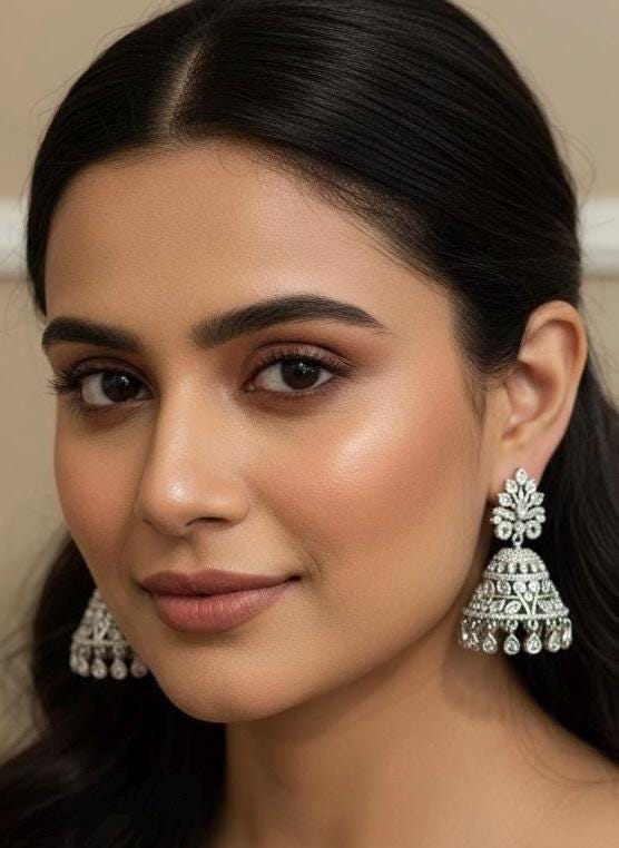 Silver Jhumka Earrings | Indian Jhumkas | Floral Stud Dome Earrings | Festive Jewelry