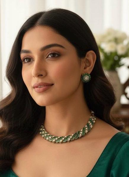 Handcrafted Kundan Necklace Set With Matching Stud Earrings – Pink & Emerald Tones | Indian Bridal Jewelry