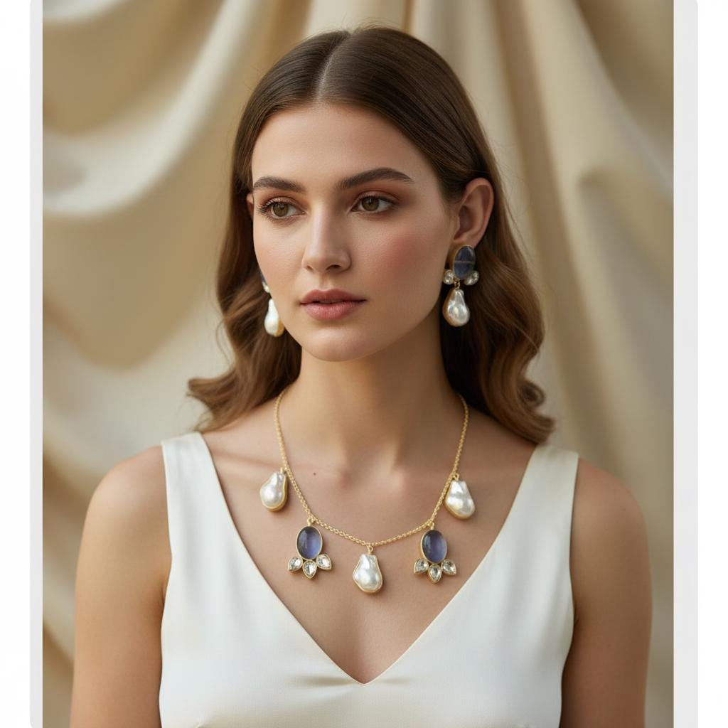 Gold Plated Baroque Pearl Necklace Set | Blue Cabochon Statement Jewelry