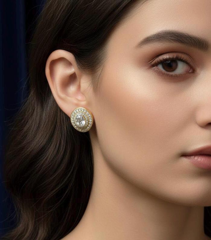 Oval Kundan Stud Earrings | Gold Plated Polki Style Halo Studs | Bridal & Festive Indian Earrings