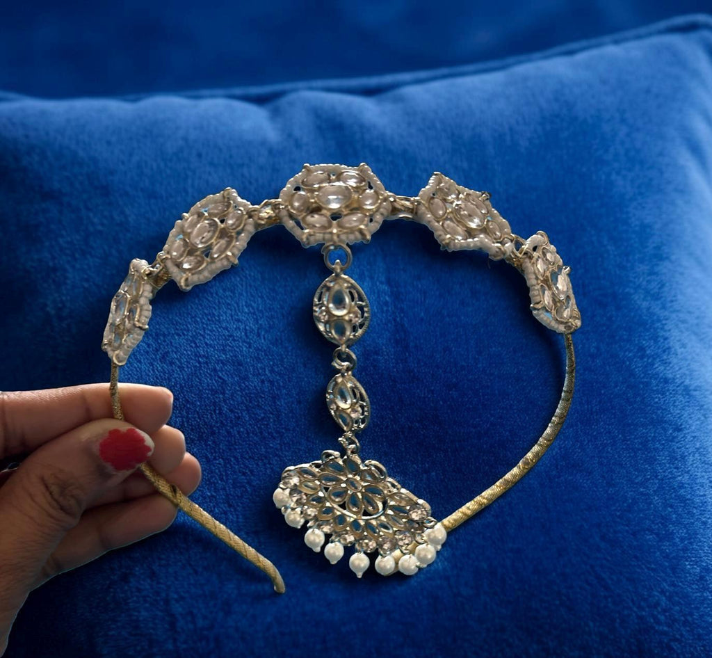 Floral Kundan Maang Tikka | Silver Tone Indian Bridal Headband