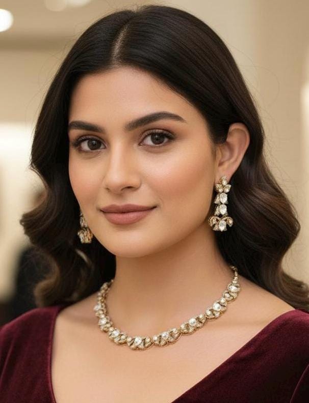 Gold Tone Crystal Necklace & Earrings set | Teadrop Statement Necklace | Bridal and Festive Jewelry