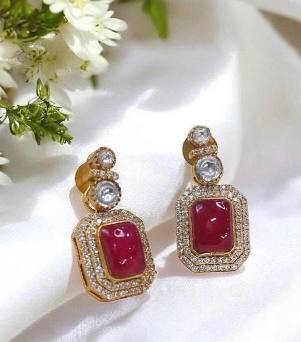 Ruby Red Onyx Drop Earrings, Gold Halo, Vintage Bridal Jewelry