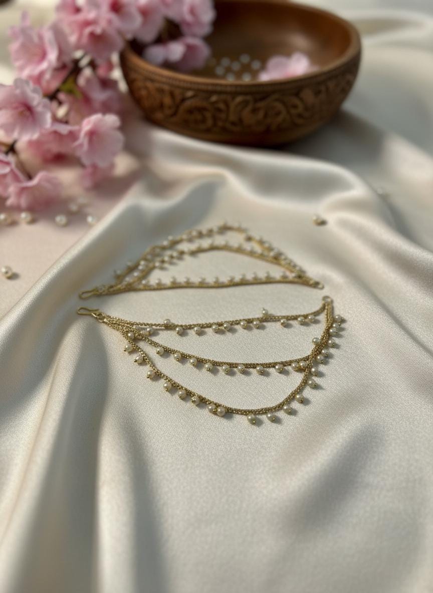 Pearl Bridal Hair Chains | Gold Indian Wedding Ear Jewelry