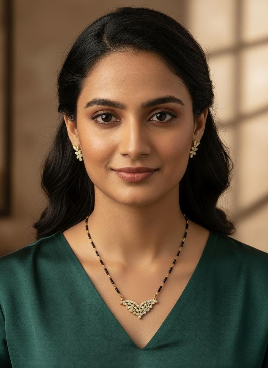 Gold Tone Mangalsutra Set – Green Enamel CZ Pendant & Stud Earrings