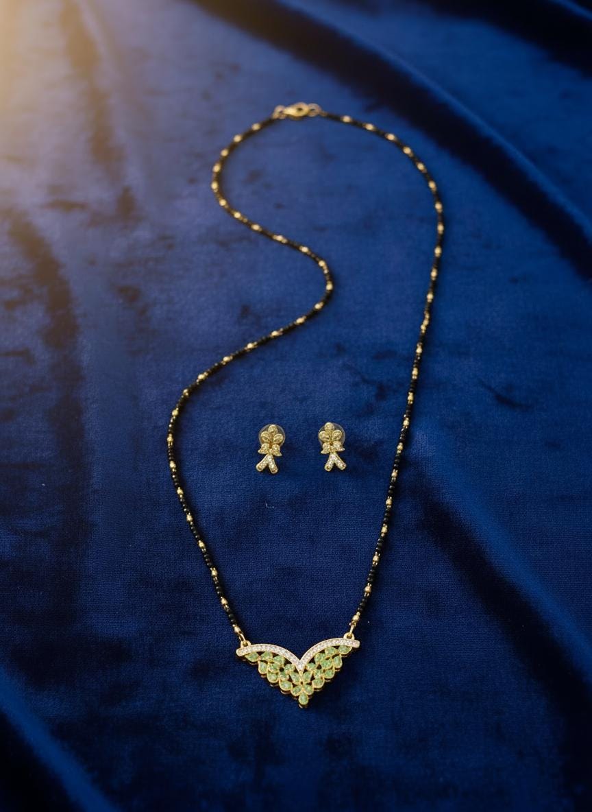 Gold Tone Mangalsutra Set – Green Enamel CZ Pendant & Stud Earrings