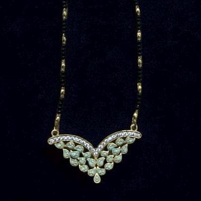 Gold Tone Mangalsutra Set – Green Enamel CZ Pendant & Stud Earrings