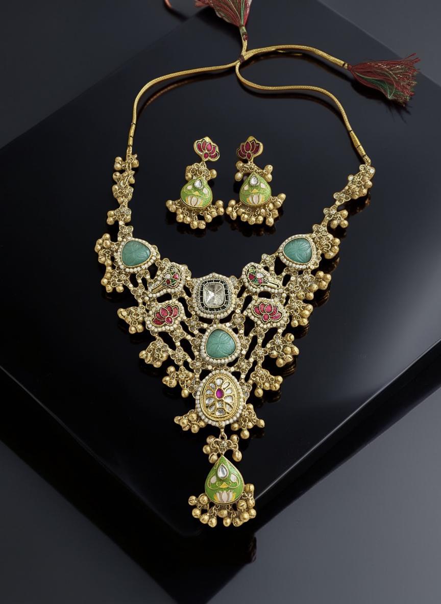 Kundan Bridal Necklace Set | Green and Red Stone Indian Wedding Jewelry | Amrapalli Inspired