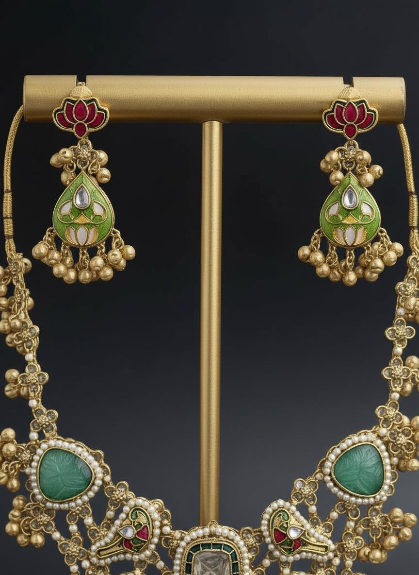 Kundan Bridal Necklace Set | Green and Red Stone Indian Wedding Jewelry | Amrapalli Inspired