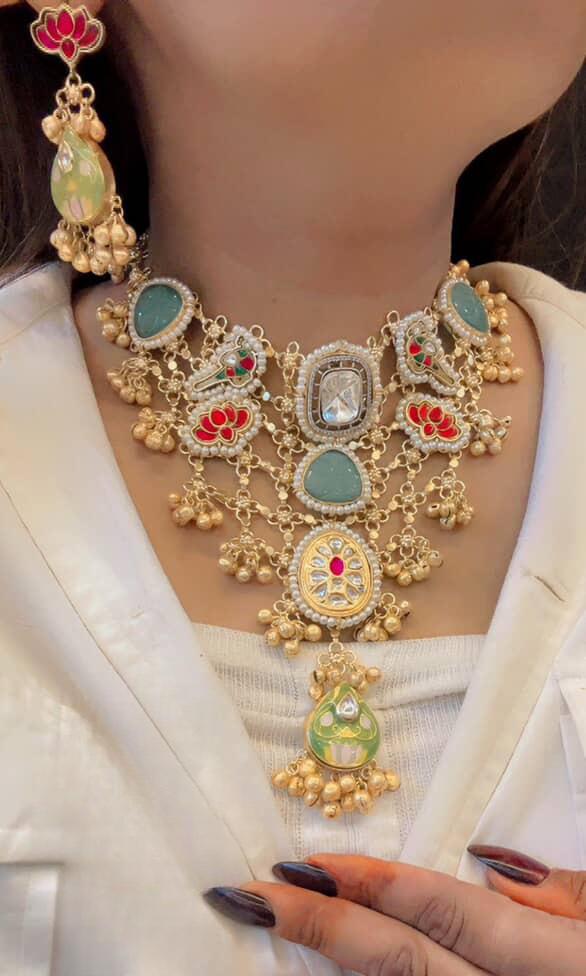 Kundan Bridal Necklace Set | Green and Red Stone Indian Wedding Jewelry | Amrapalli Inspired