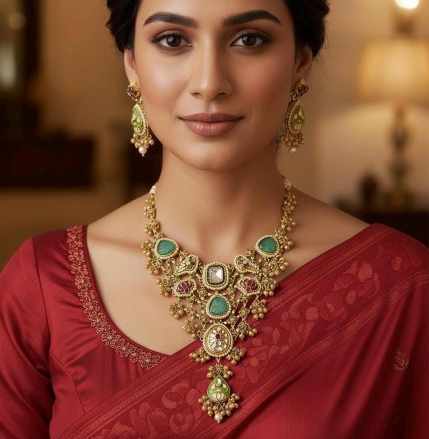 Kundan Bridal Necklace Set | Green and Red Stone Indian Wedding Jewelry | Amrapalli Inspired