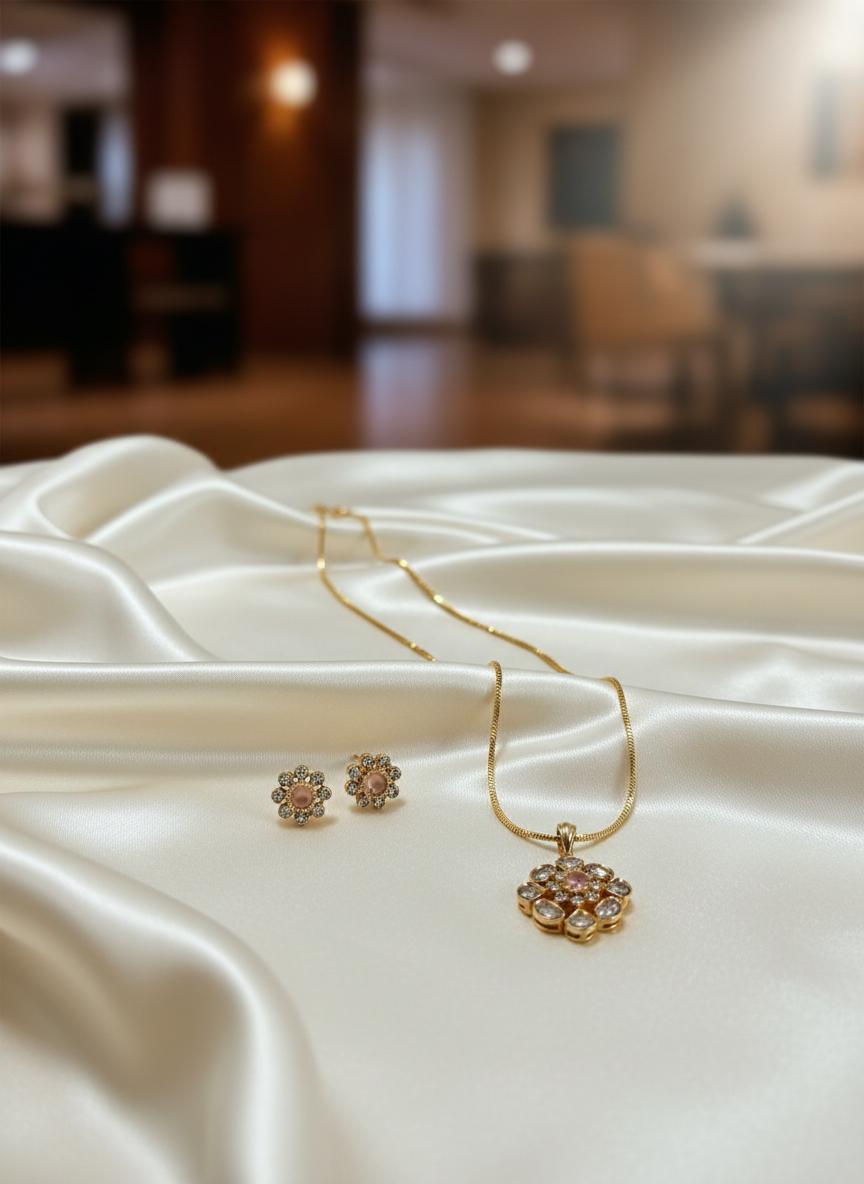 Gold Floral Pendant Necklace Set | Pastel Pink Polki Style Earrings