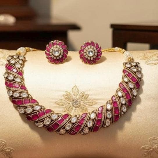 Handcrafted Kundan Necklace Set With Matching Stud Earrings – Pink & Emerald Tones | Indian Bridal Jewelry