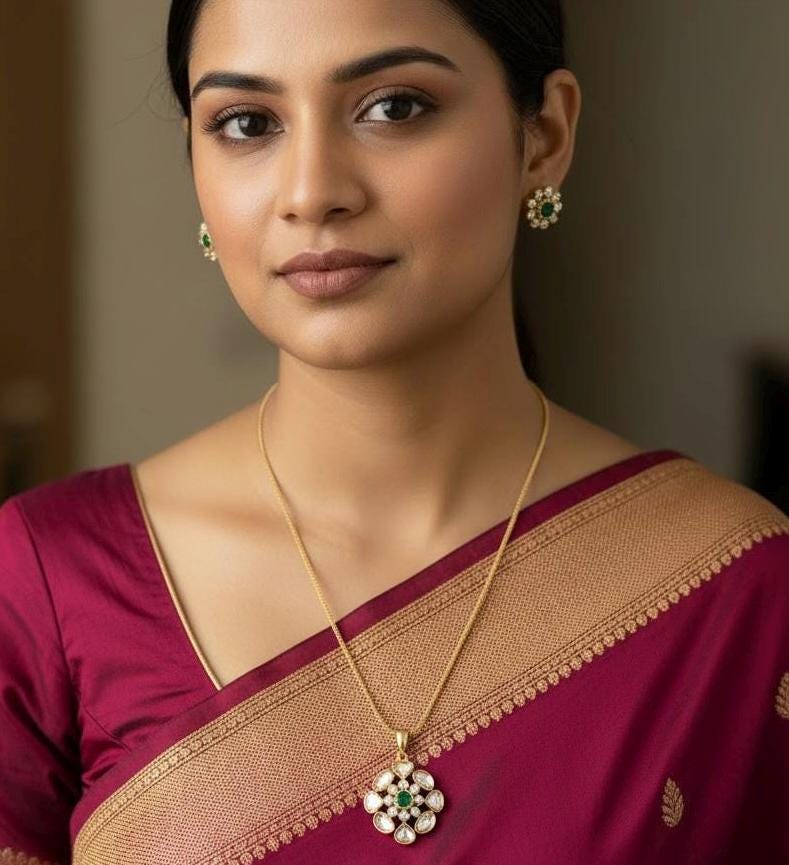 Gold Floral Pendant Necklace Set | Green Polki Style Earrings