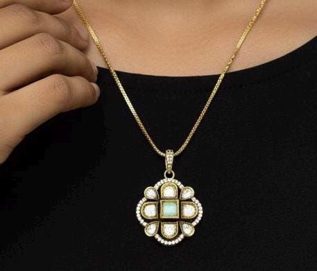 Pastel Aqua Polki Style Gold Pendant Set | Minimal Kundan Inspired Indian Jewelry