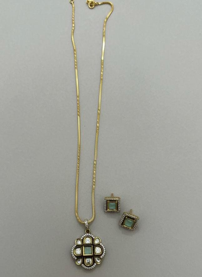 Pastel Aqua Polki Style Gold Pendant Set | Minimal Kundan Inspired Indian Jewelry