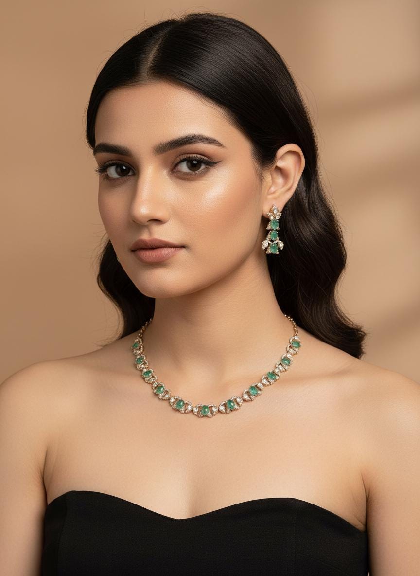 Emerald Green Crystal Necklace Set, Gold Indian Wedding Jewelry