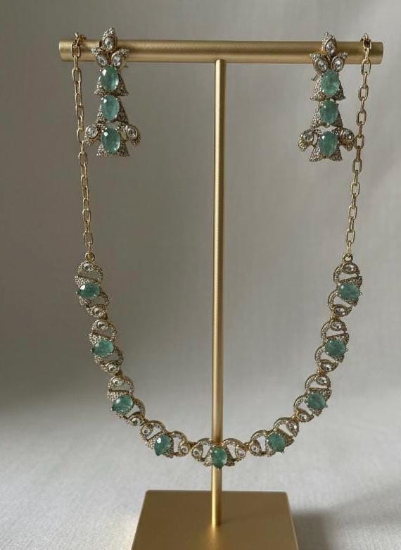 Emerald Green Crystal Necklace Set, Gold Indian Wedding Jewelry