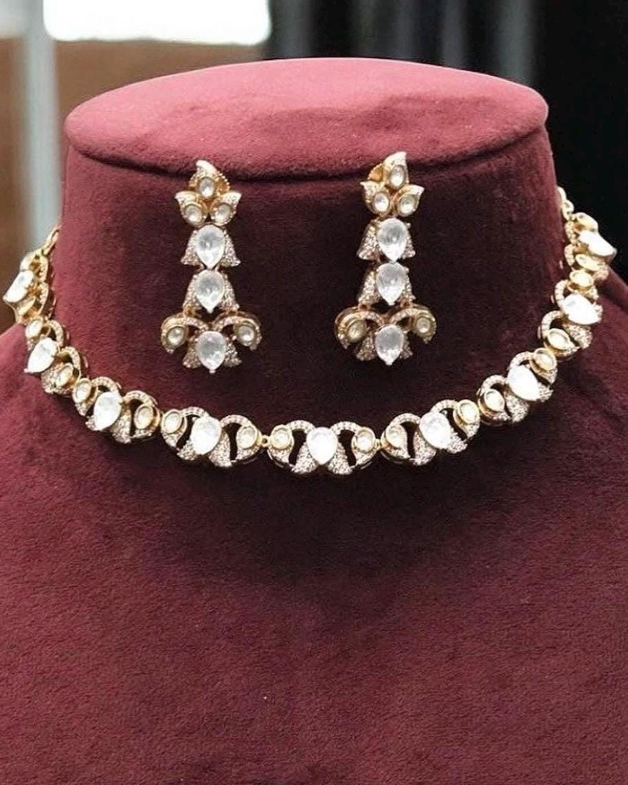Gold Tone Crystal Necklace & Earrings set | Teadrop Statement Necklace | Bridal and Festive Jewelry
