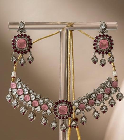 Pink Kundan Choker Necklace Set, Indian Bridal Jewelry