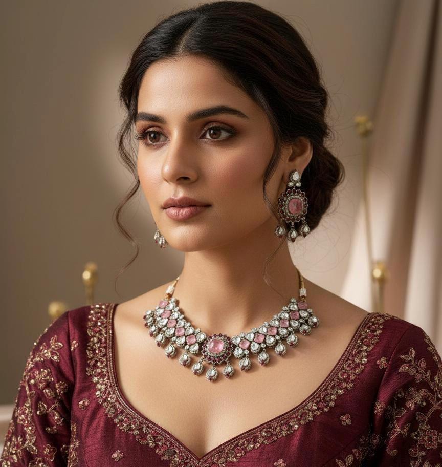 Pink Kundan Choker Necklace Set, Indian Bridal Jewelry