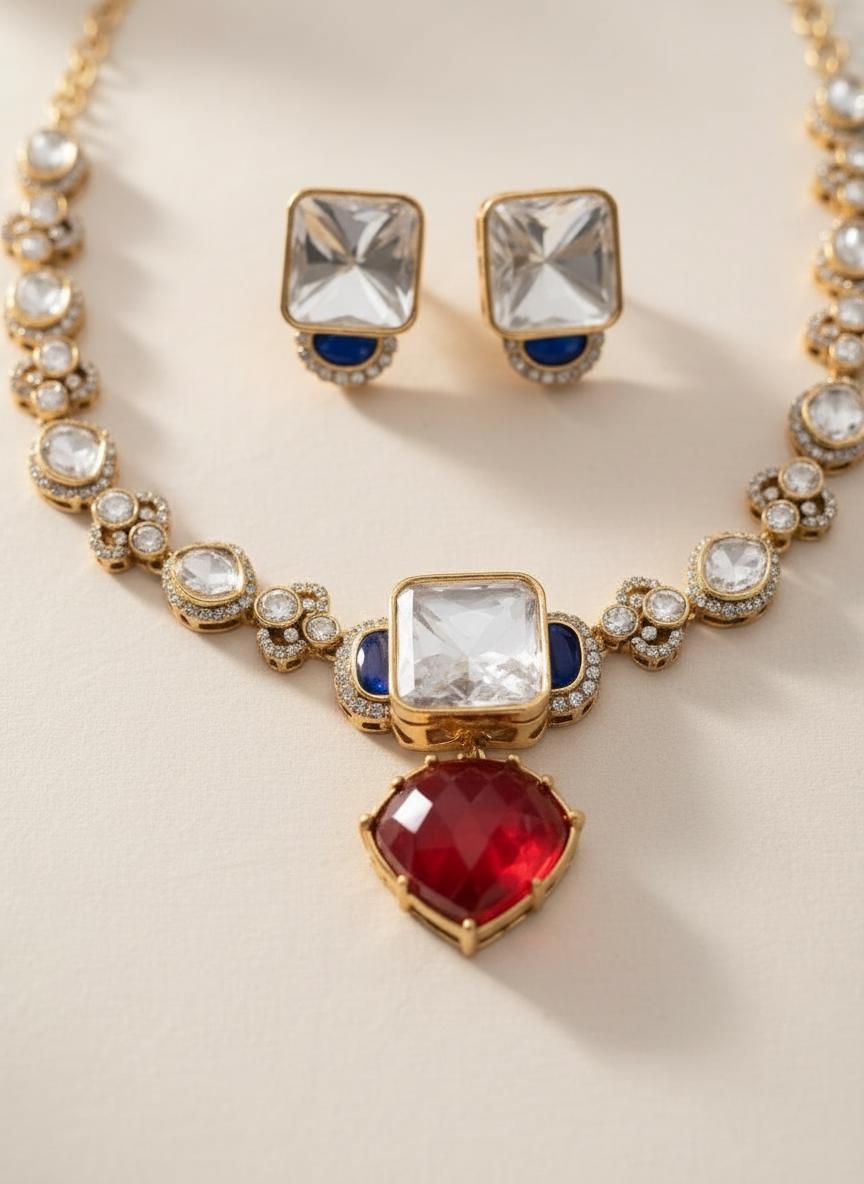 Kundan Necklace Set, Red Teardrop Pendant, Gold Tone Wedding Jewelry with Navy Blue Accents