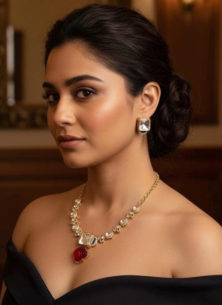 Kundan Necklace Set, Red Teardrop Pendant, Gold Tone Wedding Jewelry with Navy Blue Accents