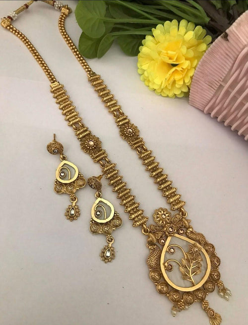 Antique Gold Long Necklace Set with Pearl Pendant | Antique Kundan South Indian Temple Jewelry