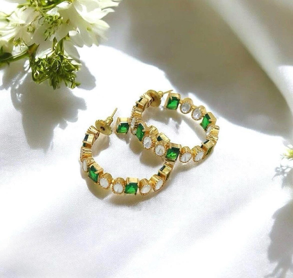 Emerald Green Crystal Gold Hoop Earrings | Statement Bridal Luxury Hoops