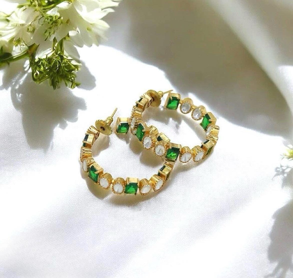 Emerald Green Crystal Gold Hoop Earrings | Statement Bridal Luxury Hoops