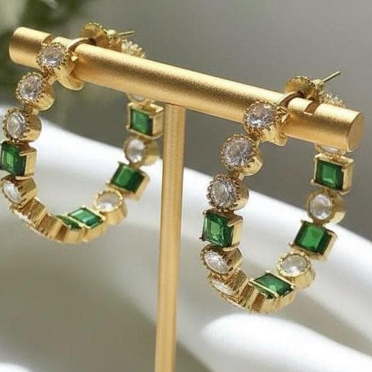 Emerald Green Crystal Gold Hoop Earrings | Statement Bridal Luxury Hoops
