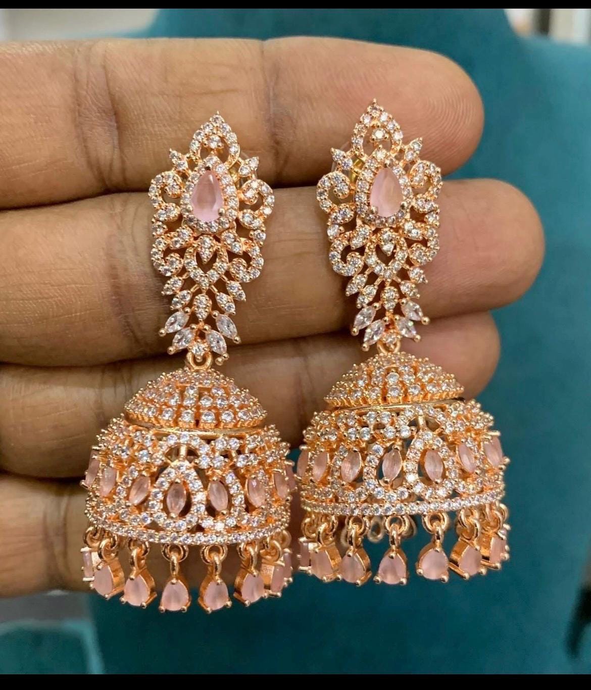 Rose Gold Pastel Pink Teardrop Jhumka Earrings | Indian Bridal Wedding Jewelry