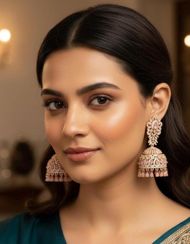 Rose Gold Pastel Pink Teardrop Jhumka Earrings | Indian Bridal Wedding Jewelry