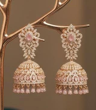 Rose Gold Pastel Pink Teardrop Jhumka Earrings | Indian Bridal Wedding Jewelry