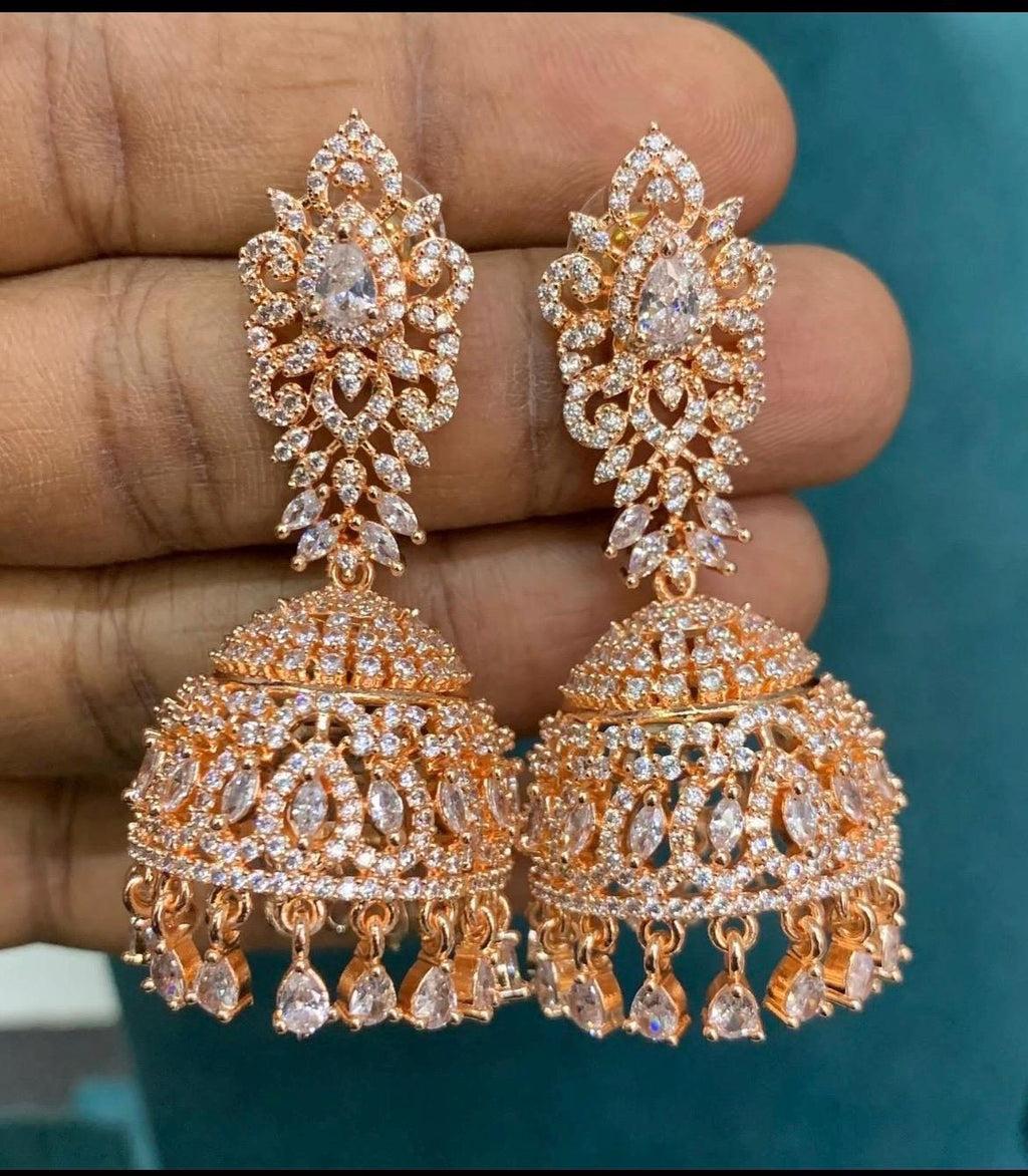 Rose Gold Clear Stone Teardrop Jhumka Earrings | Indian Bridal Wedding Jewelry